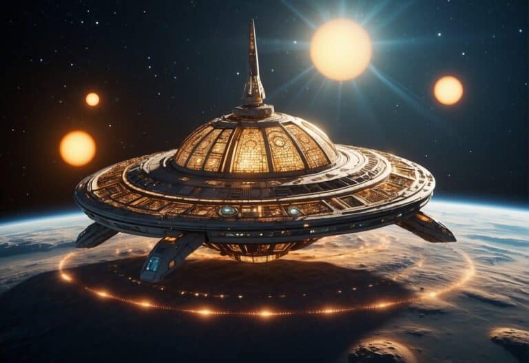 the three body problem | Futuristic space station orbiting Earth under twin suns.