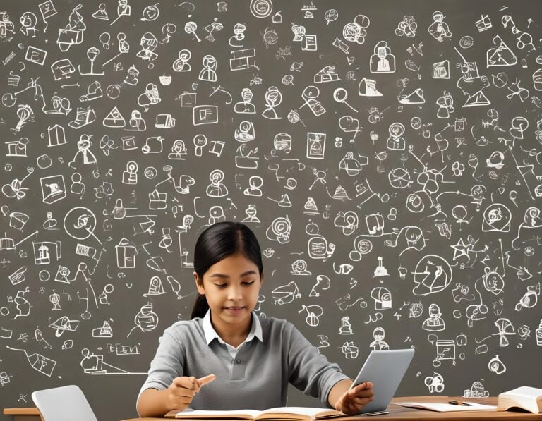 Transforming Education with Interactive Learning | Girl studying with education doodles on chalkboard.