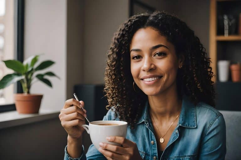 Woman smiling, enjoying coffee in cozy room.