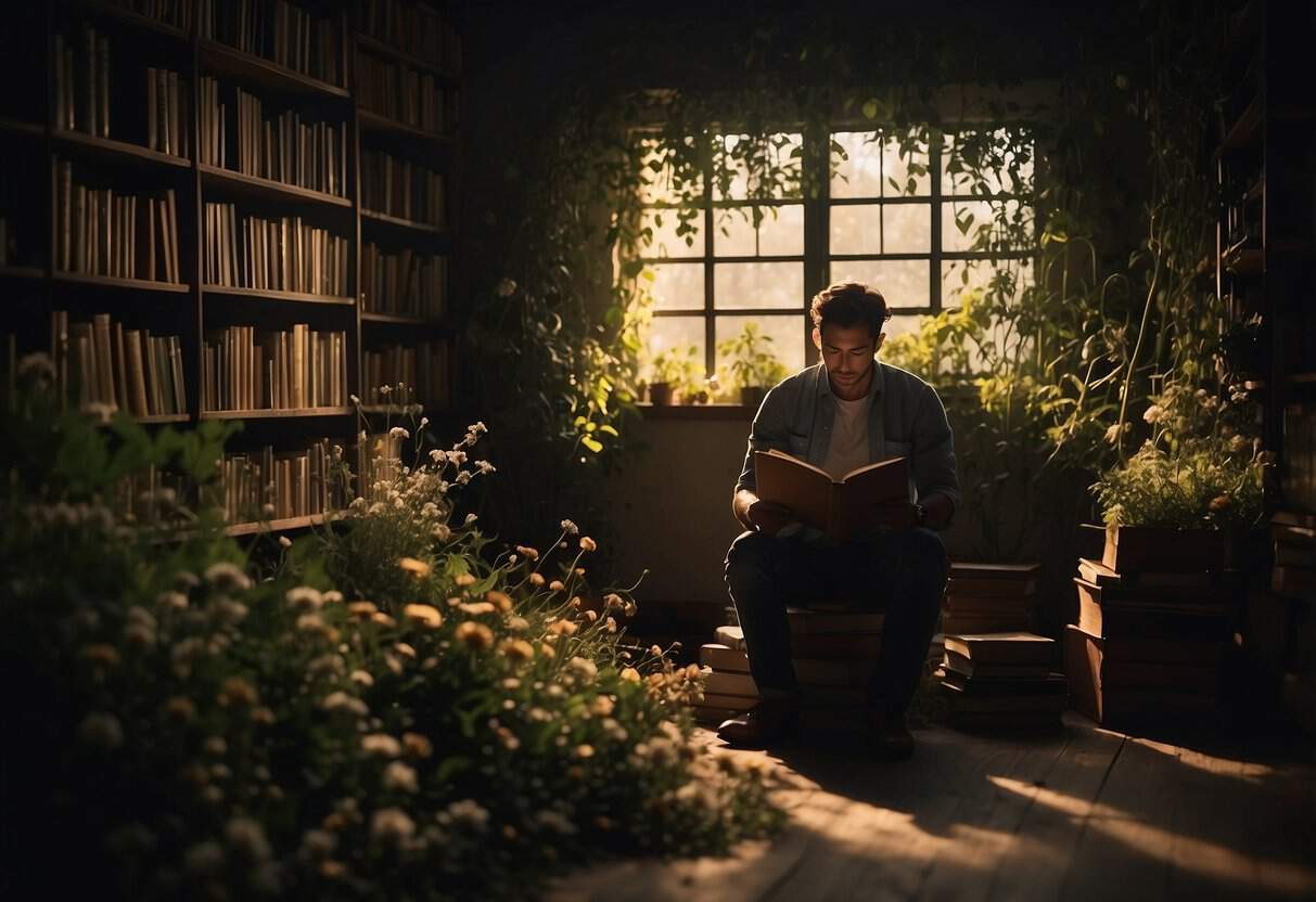 Psychological Health and Stress | Man reading book in cozy, sunlit library nook.