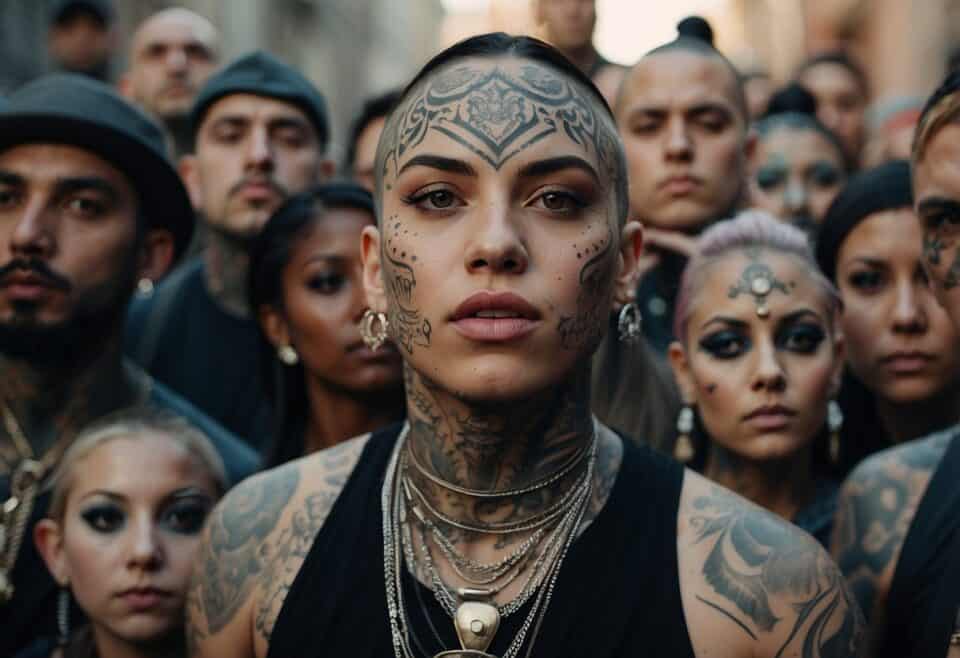 Group of tattooed individuals wearing cultural attire.