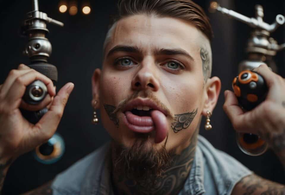 Tattooed man with machines pulling his cheeks.