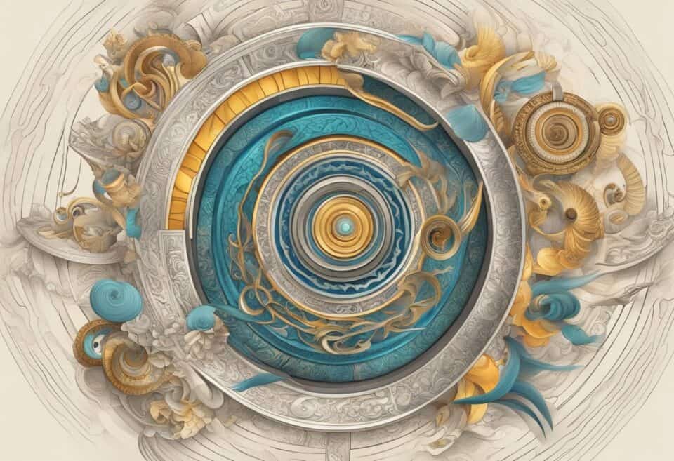 LHGBQ+ | Intricate golden-blue ornamental spiral design with floral accents.