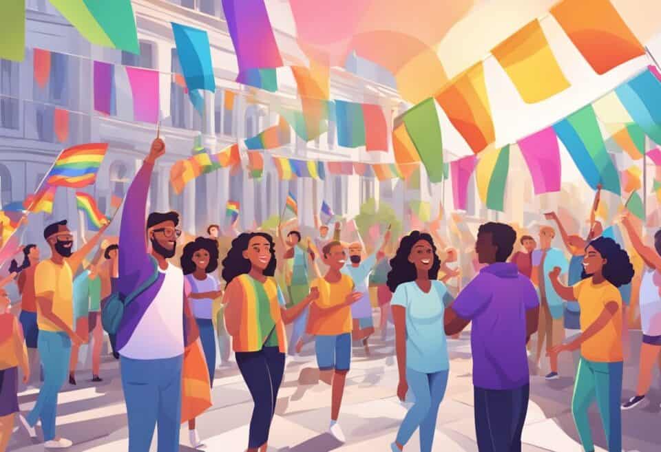 LHGBQ+ | Diverse crowd celebrating at pride parade with colorful flags.
