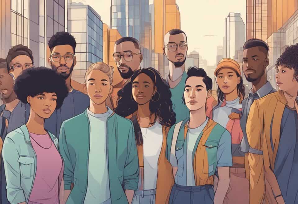 LHGBQ+ | Diverse group of young adults in urban setting illustration.