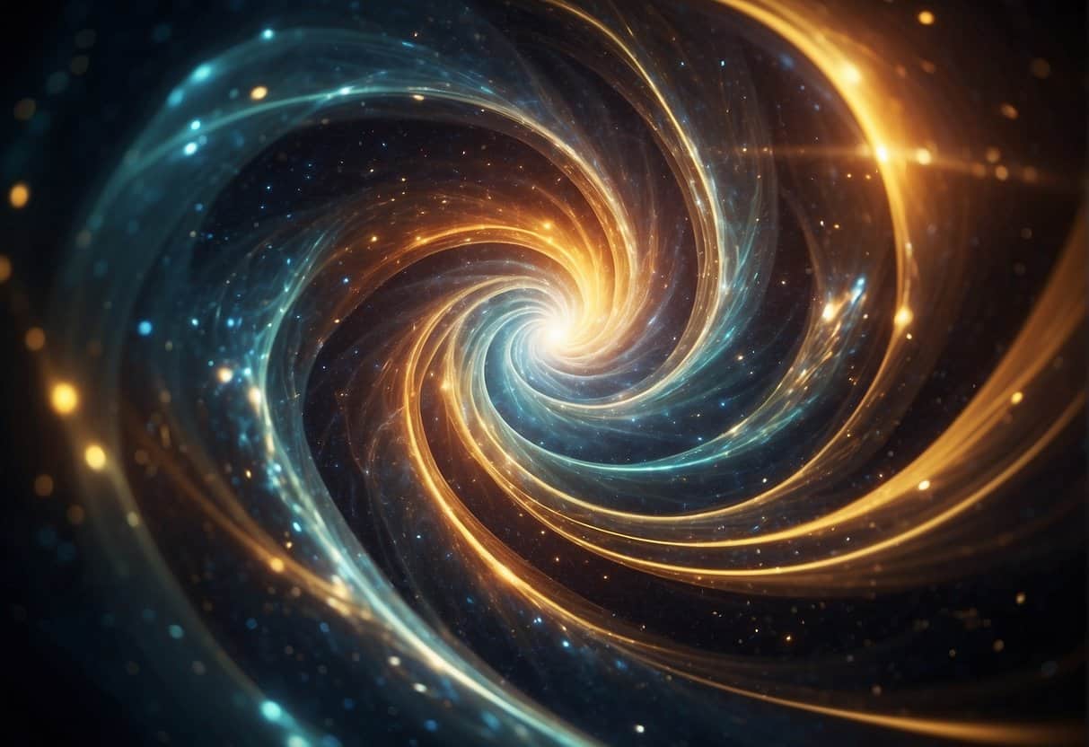 The Multidimensional Nature of Existence 2 Exploring the Inner Self and Consciousness | Golden spiral galaxy with sparkling stars in space.