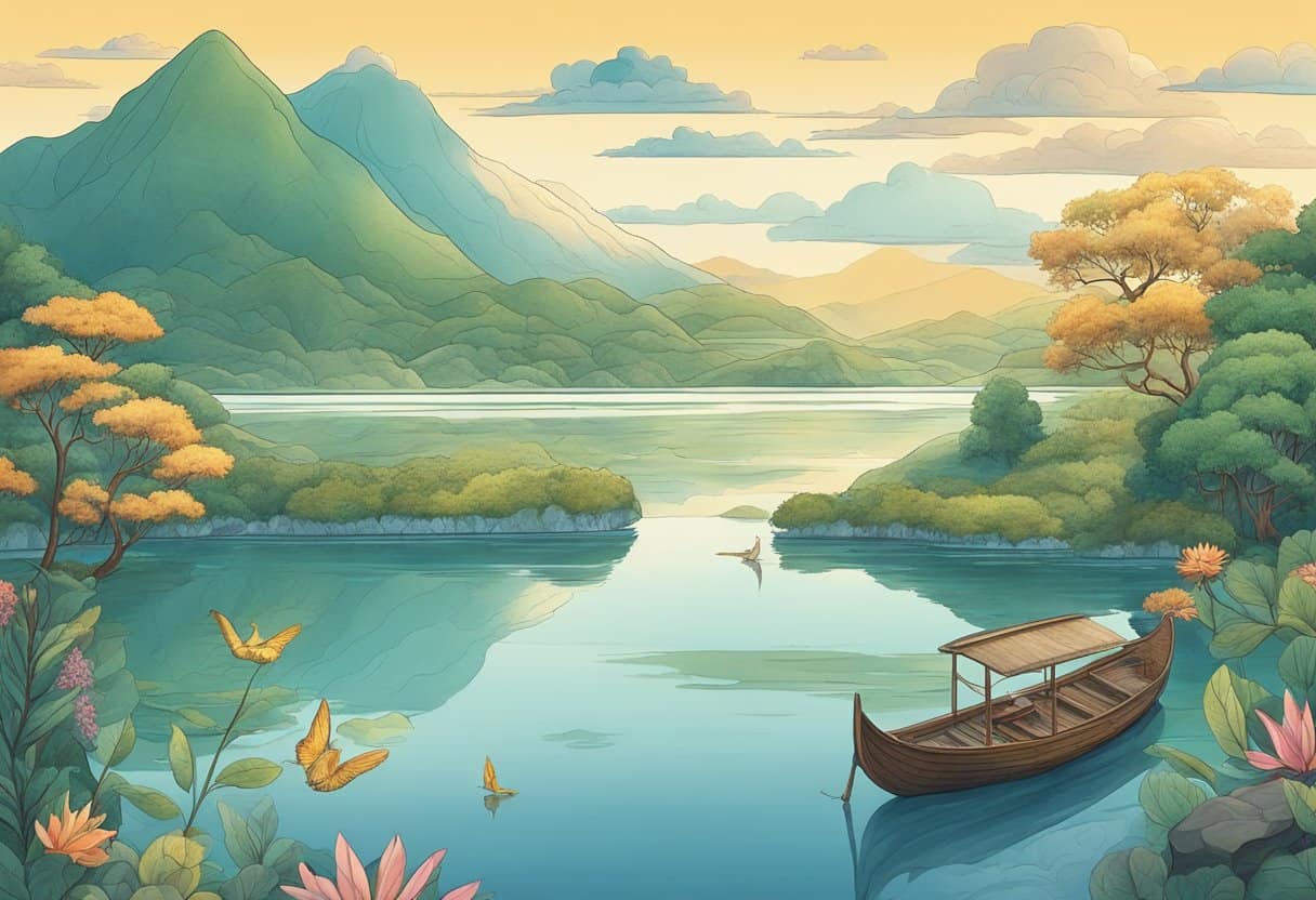 The Meaning of Life 5 The Meaning of Life according to Seth | Serene lakeside scene with boat and mountains at sunset.
