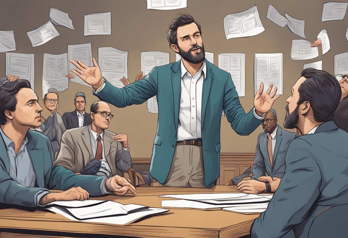 The Meaning of Life 7 The Meaning of Life according to Seth | Animated courtroom discussion, papers flying, intense debate.