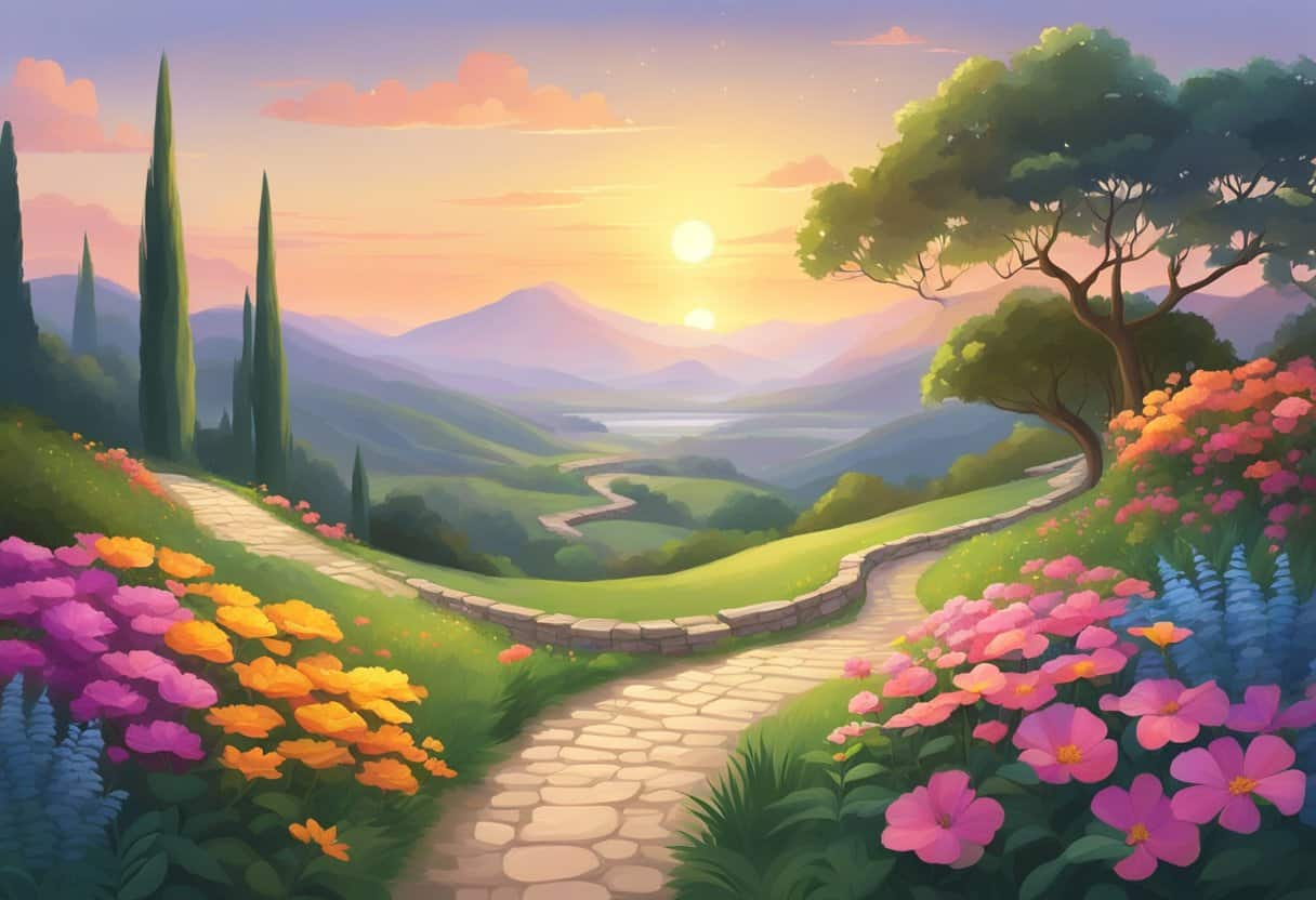 Be a Better Person Every Day 1 Be a Better Person Every Day | Sunrise over scenic flower-lined mountain path.