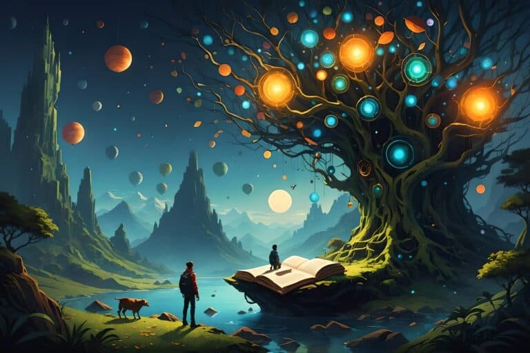The meaning of life according to seth | Fantasy landscape with glowing tree, floating orbs, and figures.