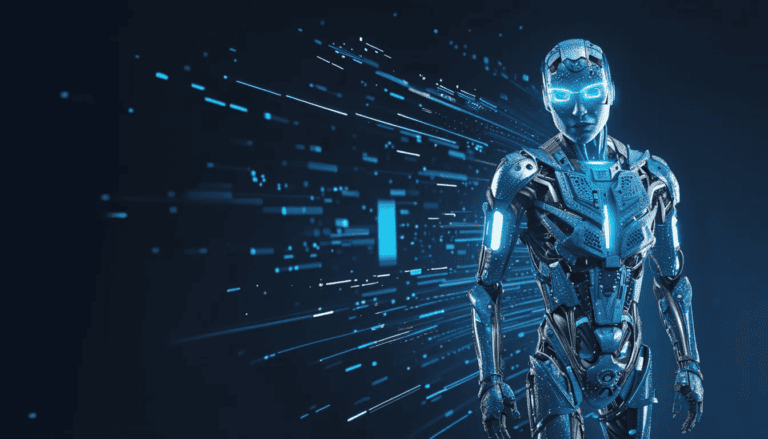 a digital id | Futuristic robot with blue lights and digital data stream