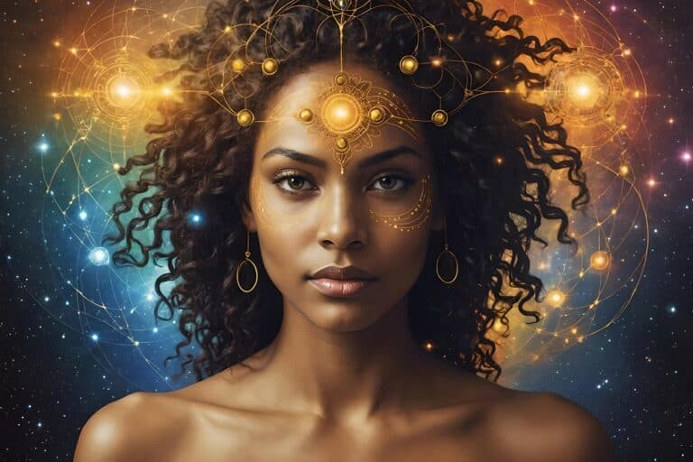 Exploring the Inner Self and Consciousness | Black woman with celestial-themed headdress in cosmic background.
