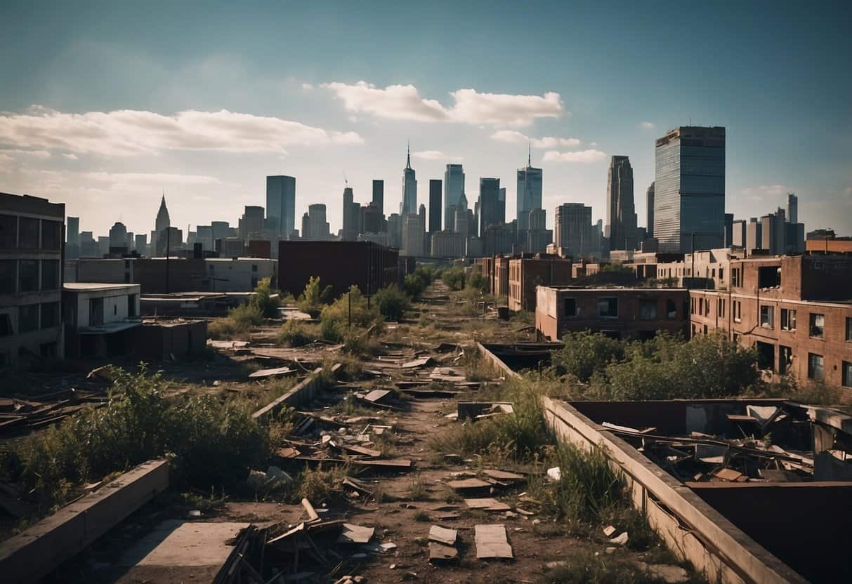 Societal Collapse | Urban skyline viewed from a dilapidated area.