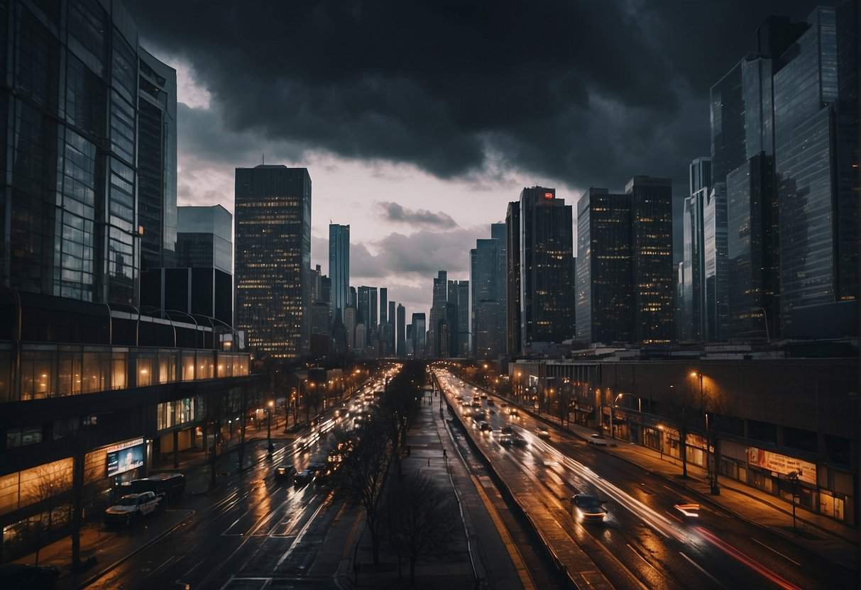 Mental Illness 3 Mental Illness | Dramatic dusk cityscape with illuminated streets and dark clouds.