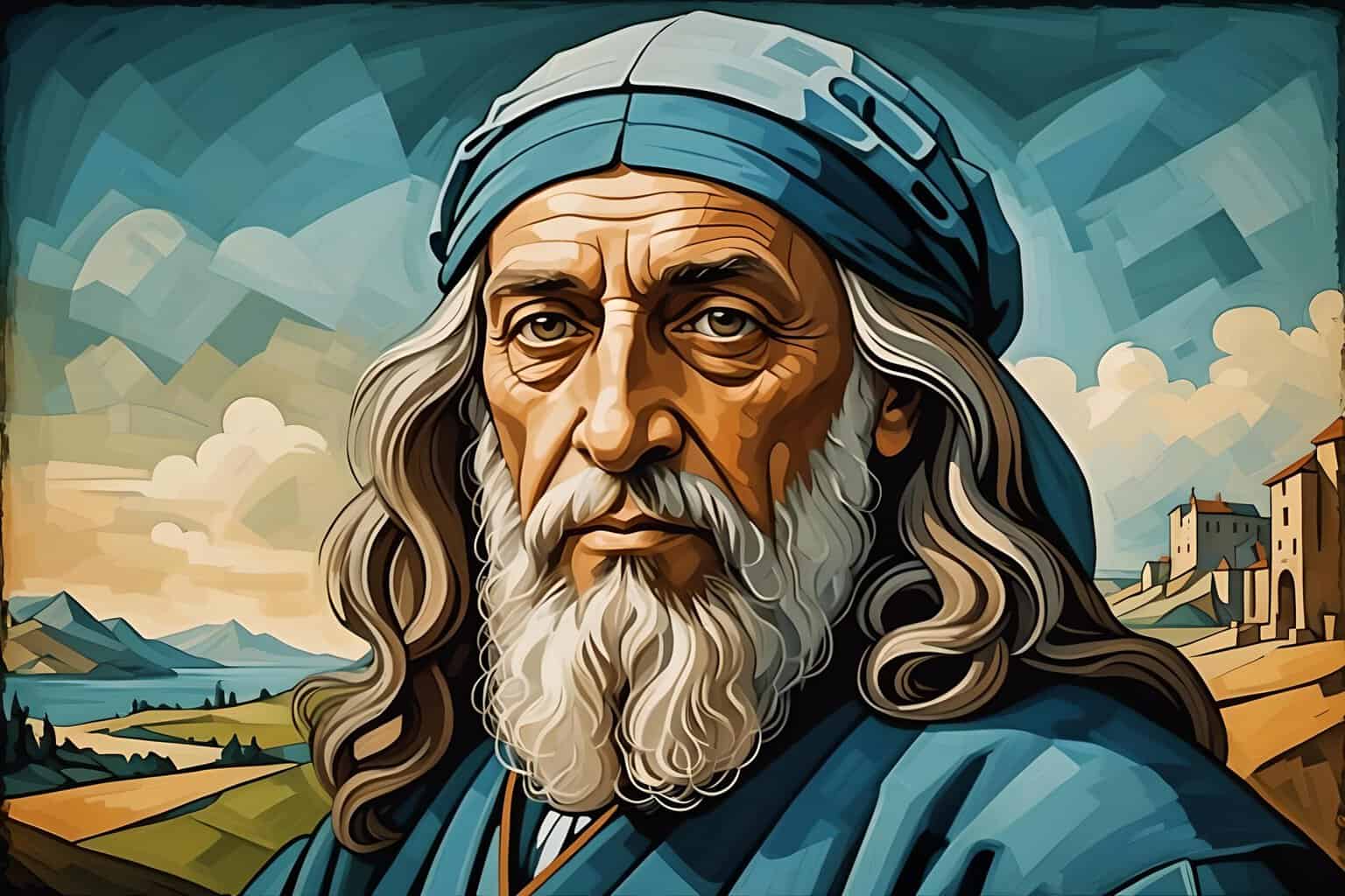 Past present and future 3 Past present and future | Illustration of elderly scholar in blue headscarf and landscape.