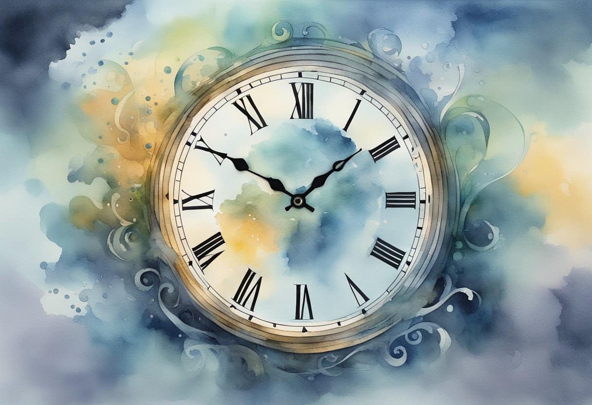 Past and future 3 Past and future | Watercolor painting of a vintage clock with swirling colors