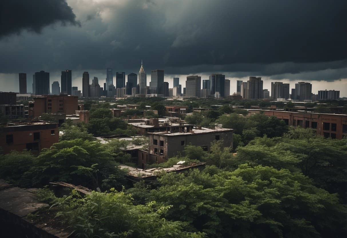 Societal Collapse | Stormy skyline over urban landscape.