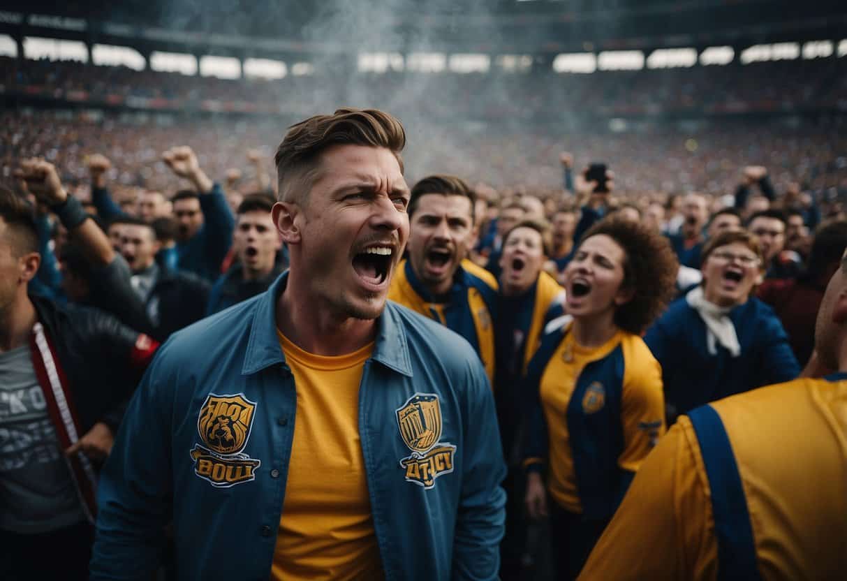 Sports Hooligans | Excited fans cheering at a football stadium.