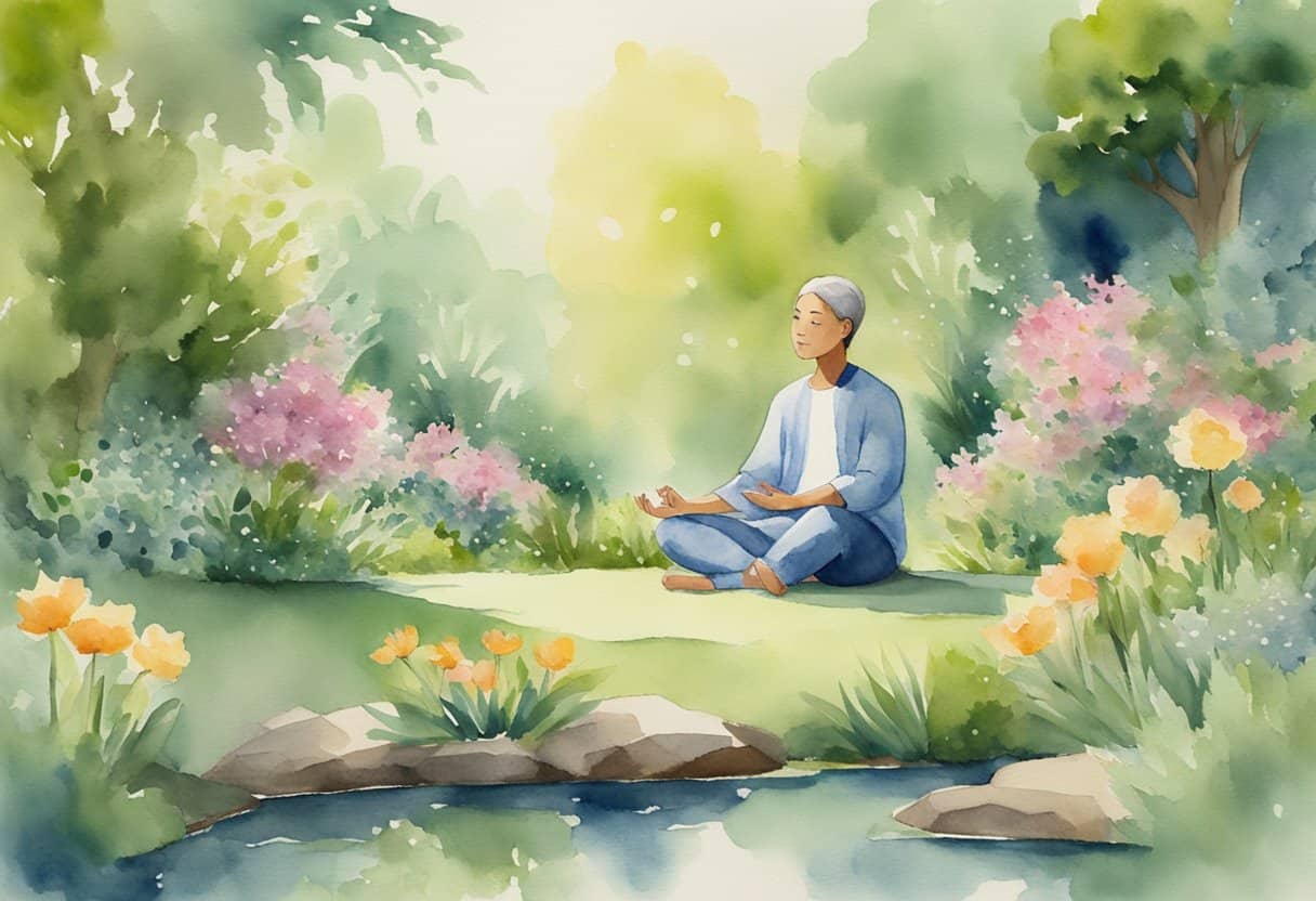 We become what we think about 1 We become what we think about | Transform you reality | Woman meditating in serene watercolor garden landscape.