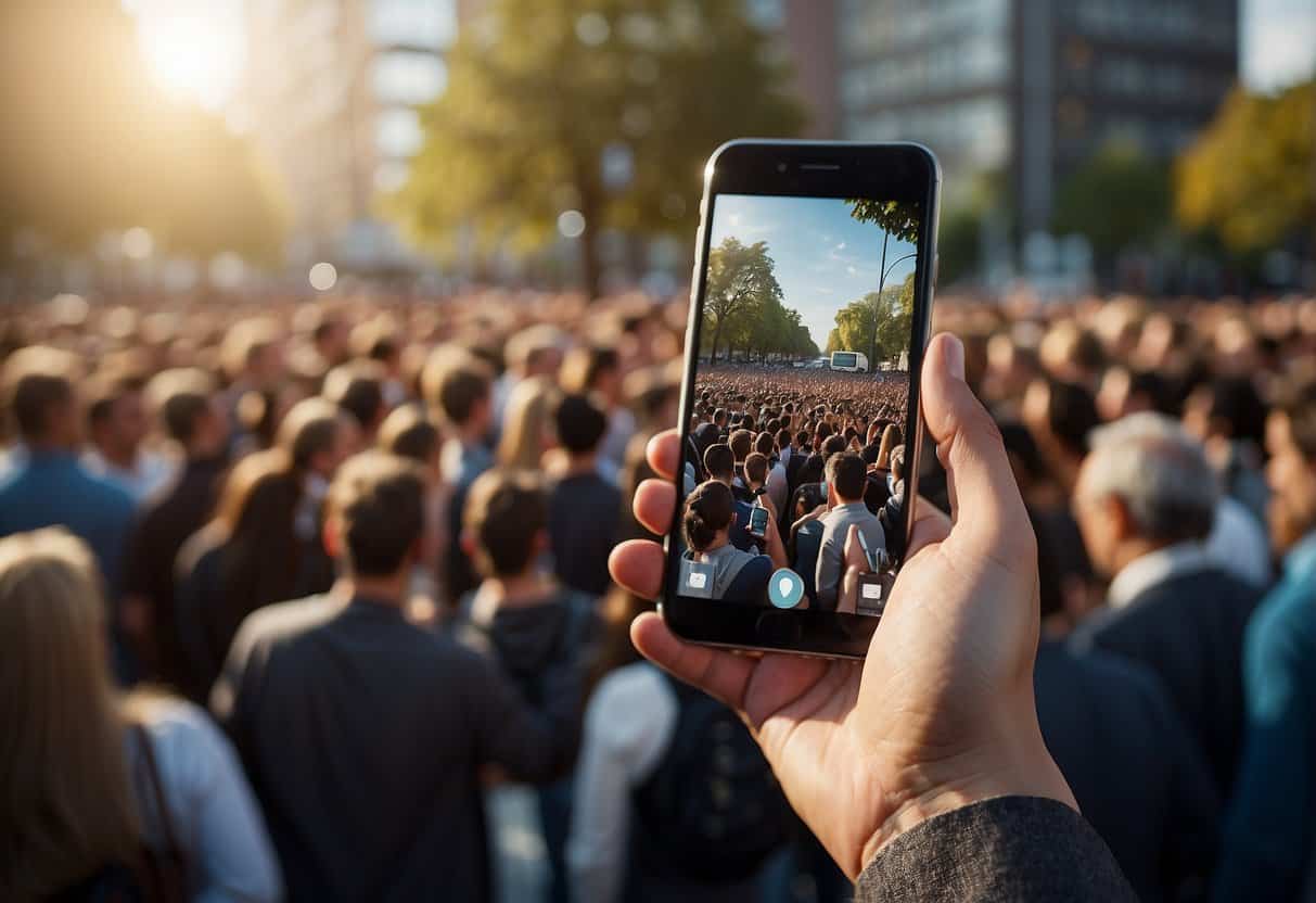Rise of digital bystanders | Smartphone capturing large outdoor crowd at sunset.