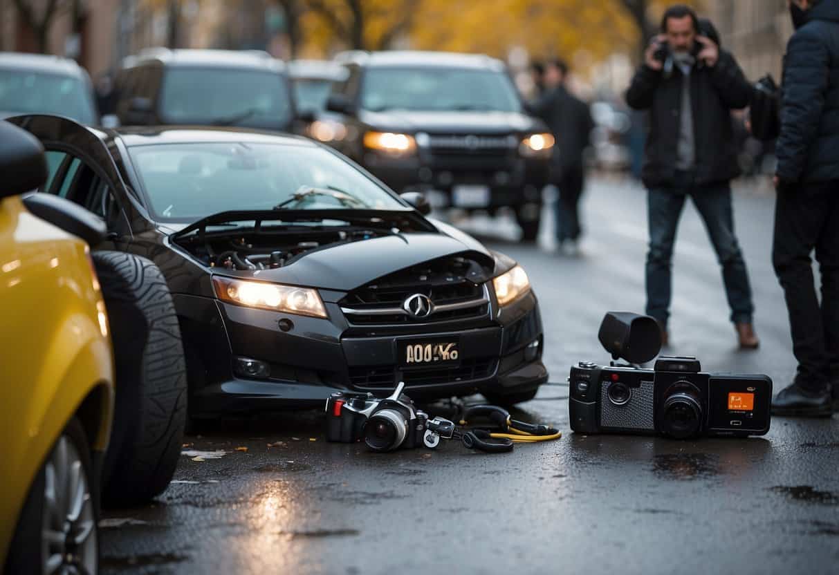 Rise of digital bystanders | Photographer filming car crash scene in city.