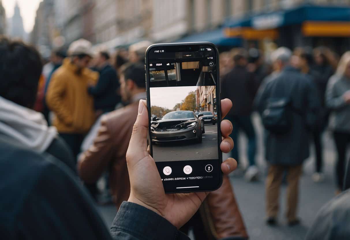 Rise of digital bystanders | Person capturing photo of car on busy street using smartphone.