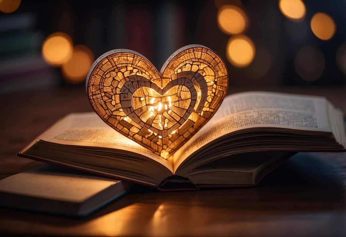 True Connection | Illuminated heart-shaped ornament on open book.