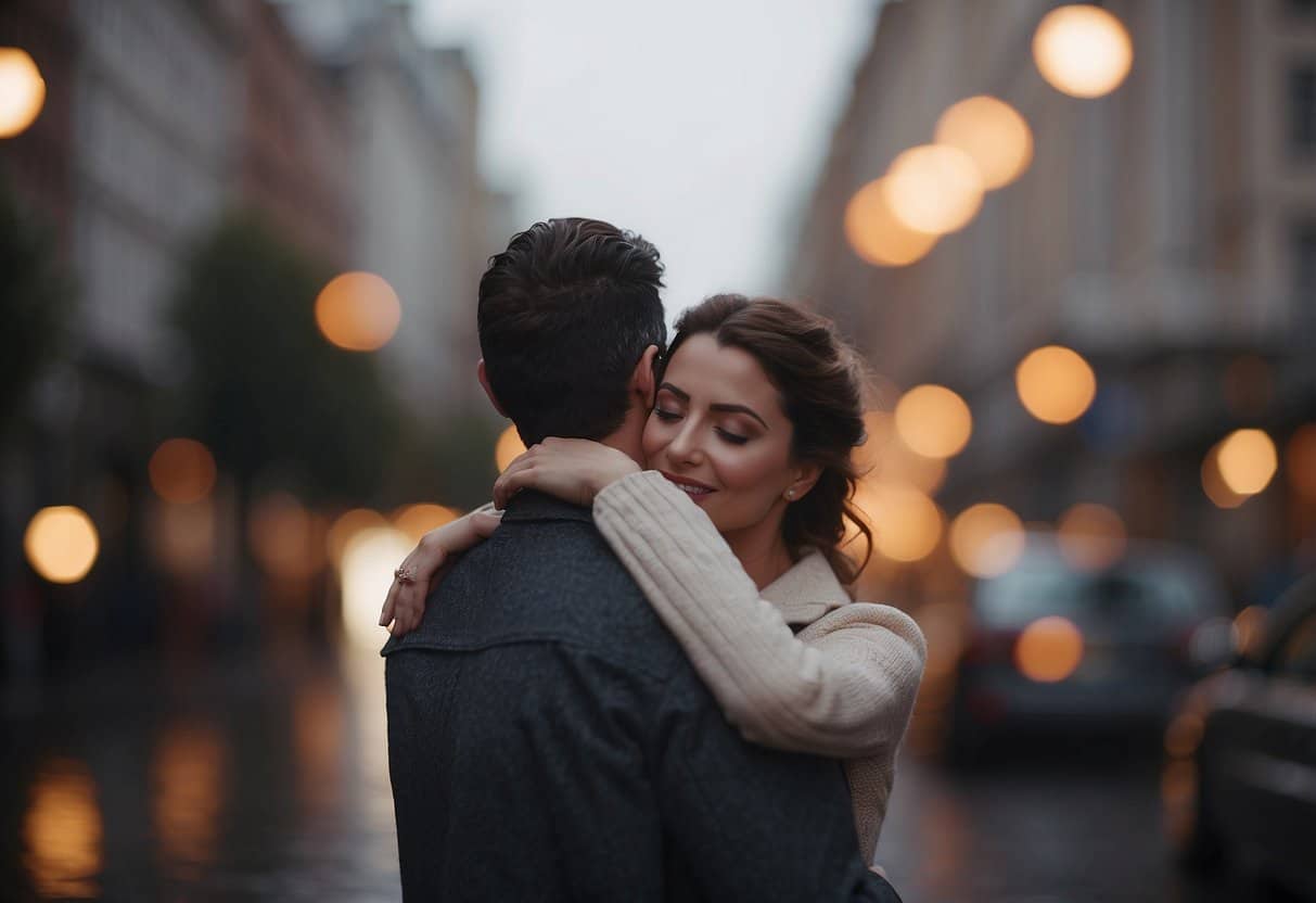 True Connection | Couple embracing on rainy city street at dusk.