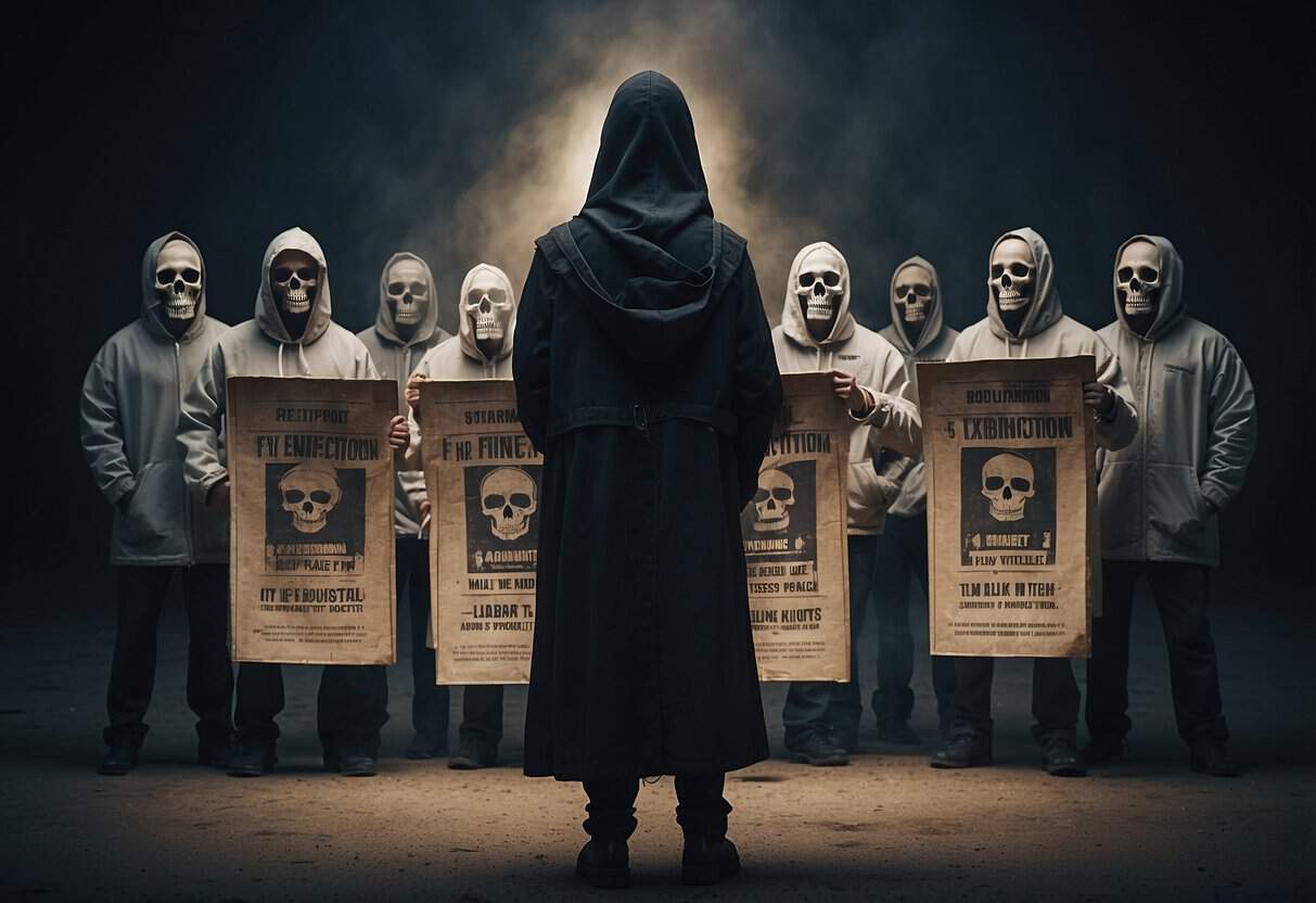 The Extinctionist Movement 1 The Extinctionist Movement | Group in masks holding posters with skull imagery
