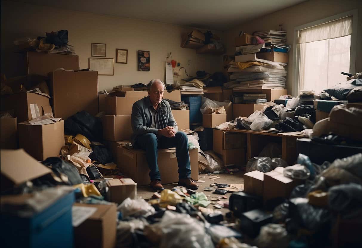 Selfishness in Modern Life | Elderly man sitting thoughtfully amidst cluttered room.