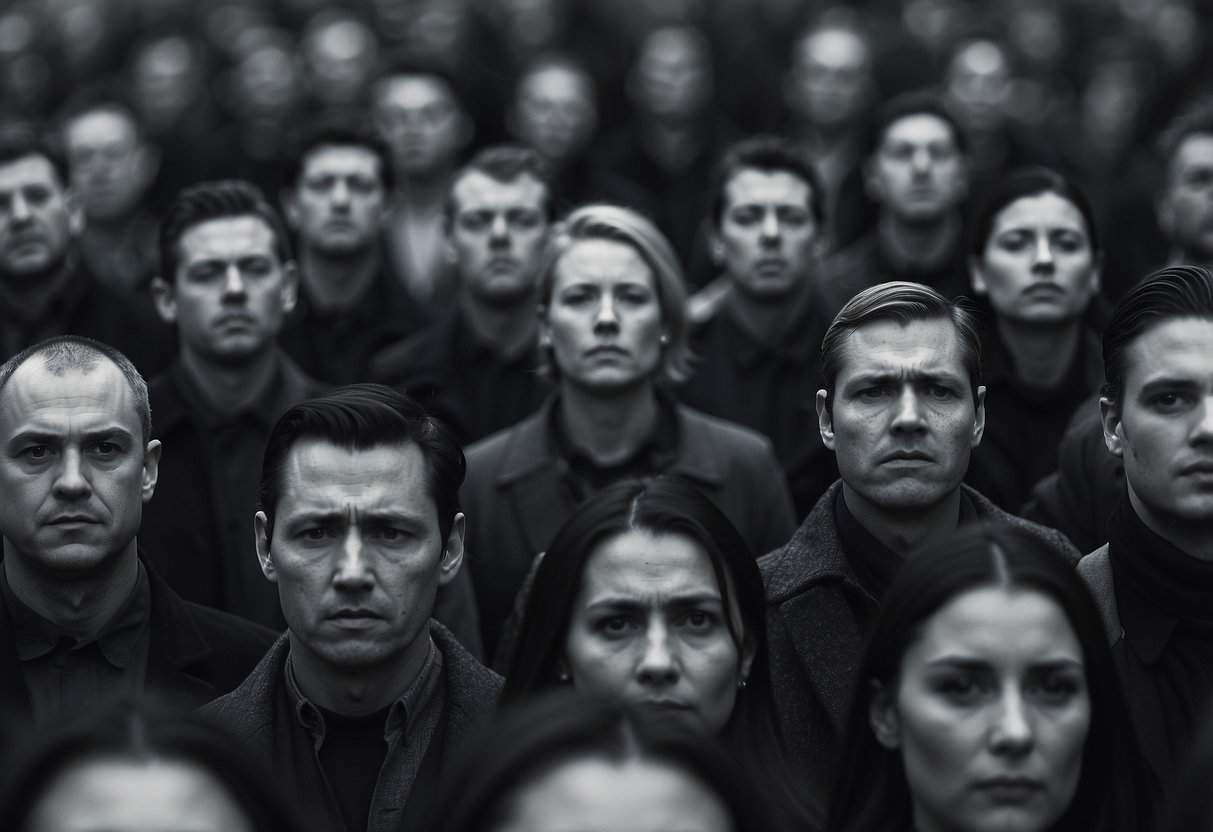 Selfishness in Modern Life | Crowd of serious people in monochrome, focused expressions.
