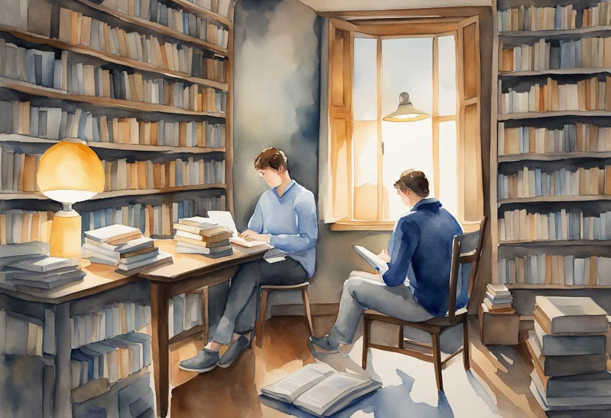 We become what we think about 3 We become what we think about | Two men reading in cozy library with sunlight.
