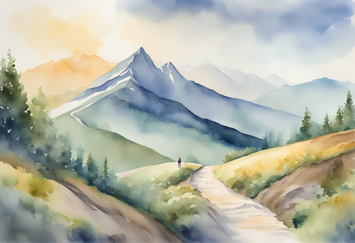 We become what we think about 4 We become what we think about | Watercolor painting of mountain landscape with path and hiker.