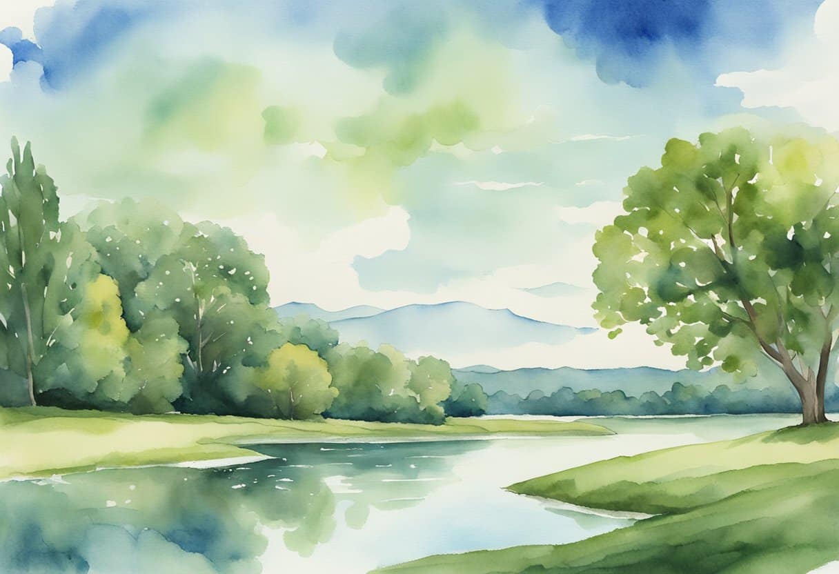 We become what we think about 5 We become what we think about | Serene watercolor landscape with trees, river, and mountains.