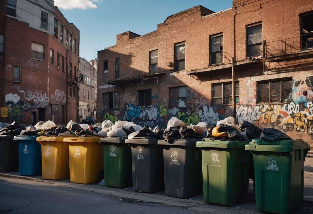 Societal Collapse | Colorful trash bins lined up in graffiti-covered alley.