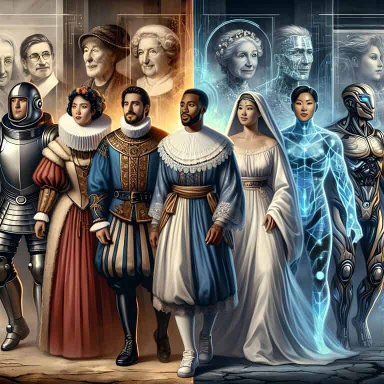 Diverse historical and futuristic figures in one illustration.