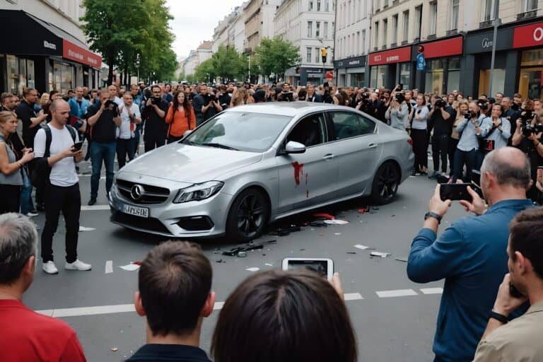rise of digital bystanders | Crowd observing damaged car with red paint on street.
