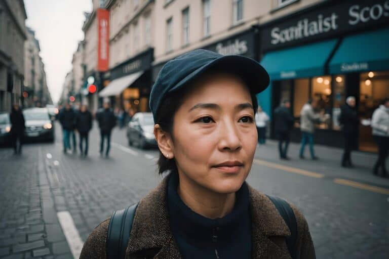 Selfishness in modern life | Woman in cap walking on busy city street.