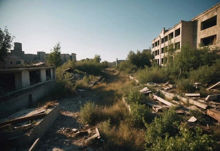 Societal Collapse | Abandoned buildings and overgrown vegetation in desolate area.