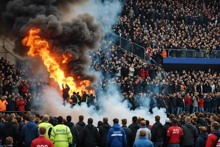 Sports fans watch large fire at crowded stadium event.