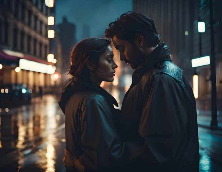 Couple embracing on rainy city street at night.