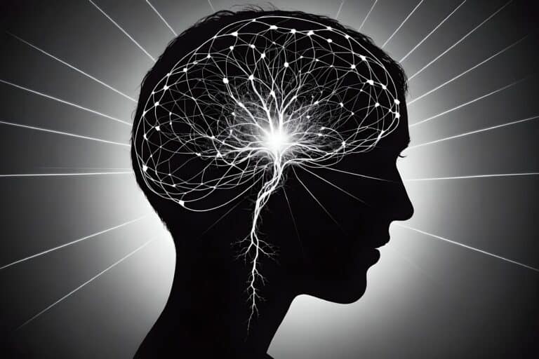 We become what we think about | Silhouette with neural network brain illustration.