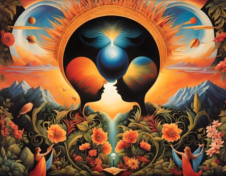 creativity | Surreal painting of two profiles merging, sun and moon motifs