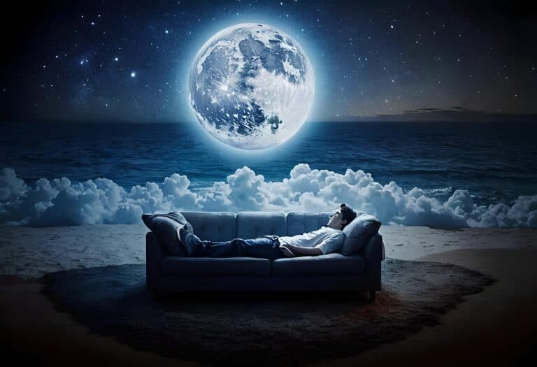 Man dreaming on couch under surreal moonlit sky