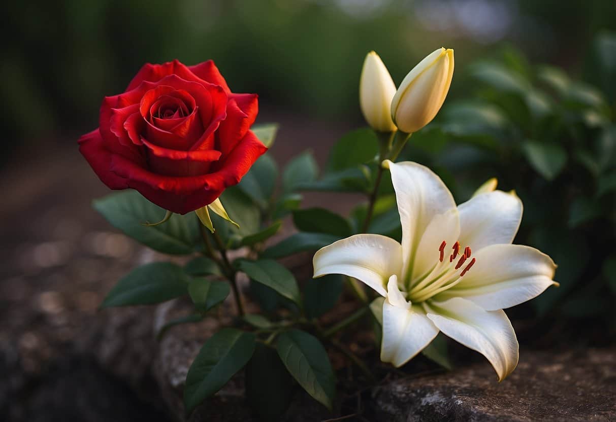 hot and beautiful 6 hot and beautiful | Red rose and white lily in natural setting