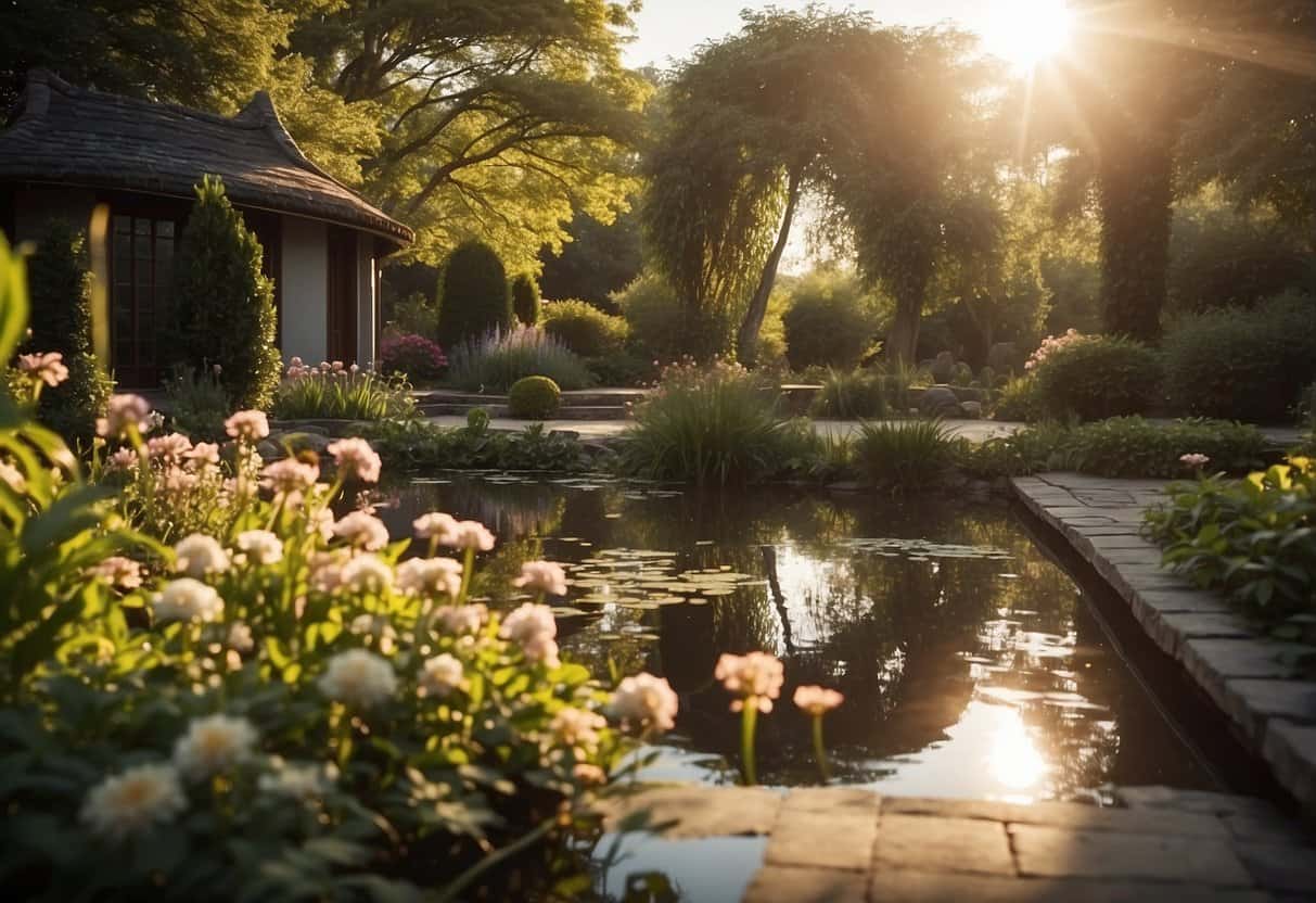 Creativity | Sunset over tranquil garden pond with blooming flowers