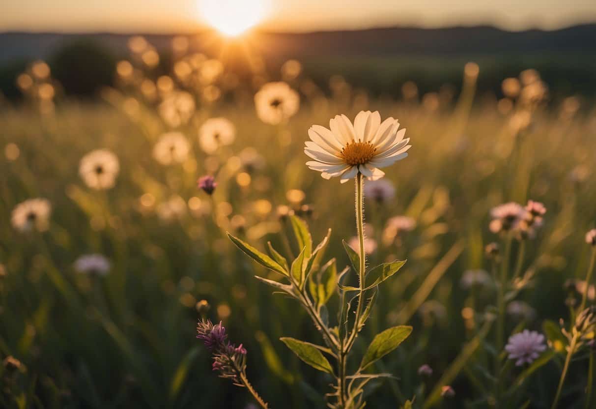 To Be Loved 1 To Be Loved | Single daisy at sunset in blooming wildflower meadow