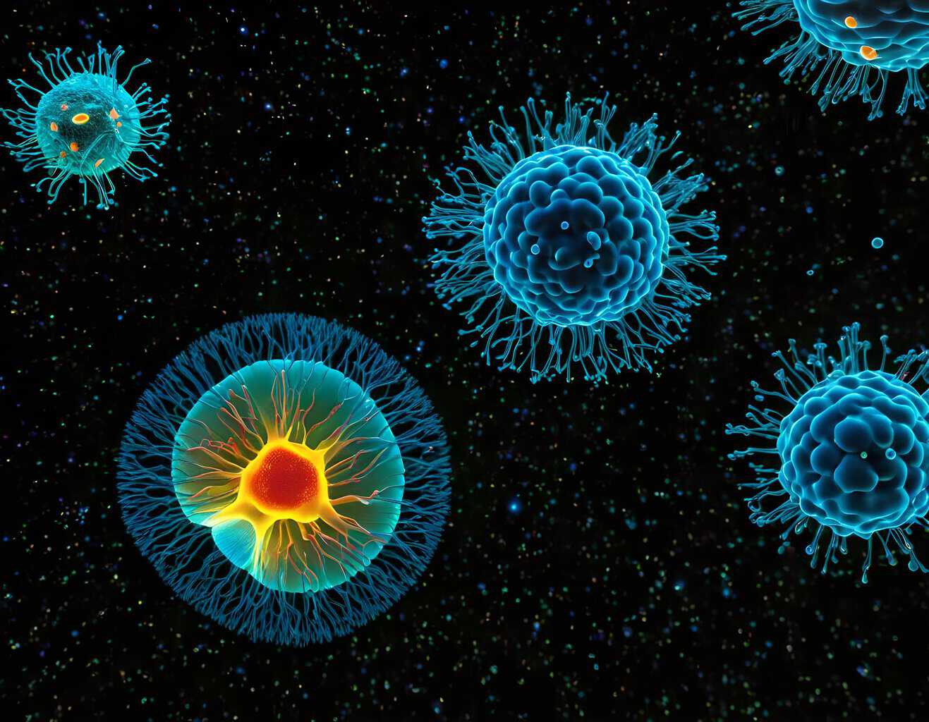 the nature of our cells (seth) the nature of our cells | Colorful microscopic cells floating in dark space