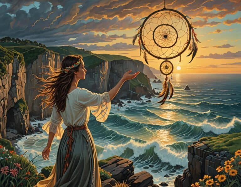 Woman reaching for dreamcatcher above stormy sea cliffs