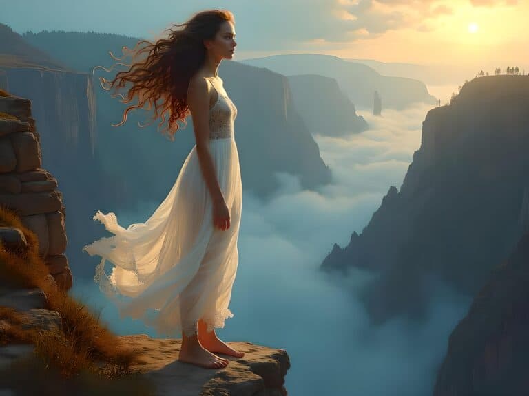 Woman in flowing dress overlooking misty mountainous landscape